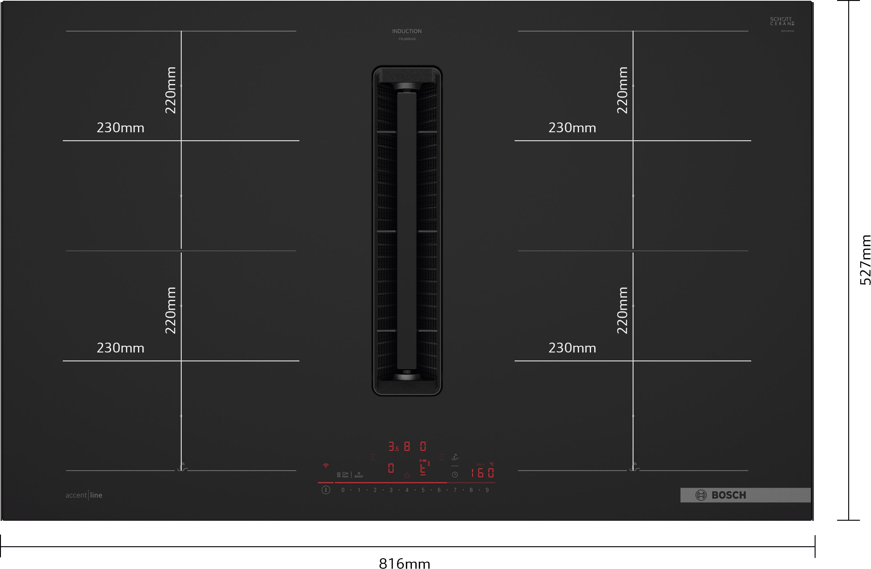 Series 6, Induction hob with integrated ventilation system, 80 cm, Matt black, surface mount with frame, PXL89BH26E