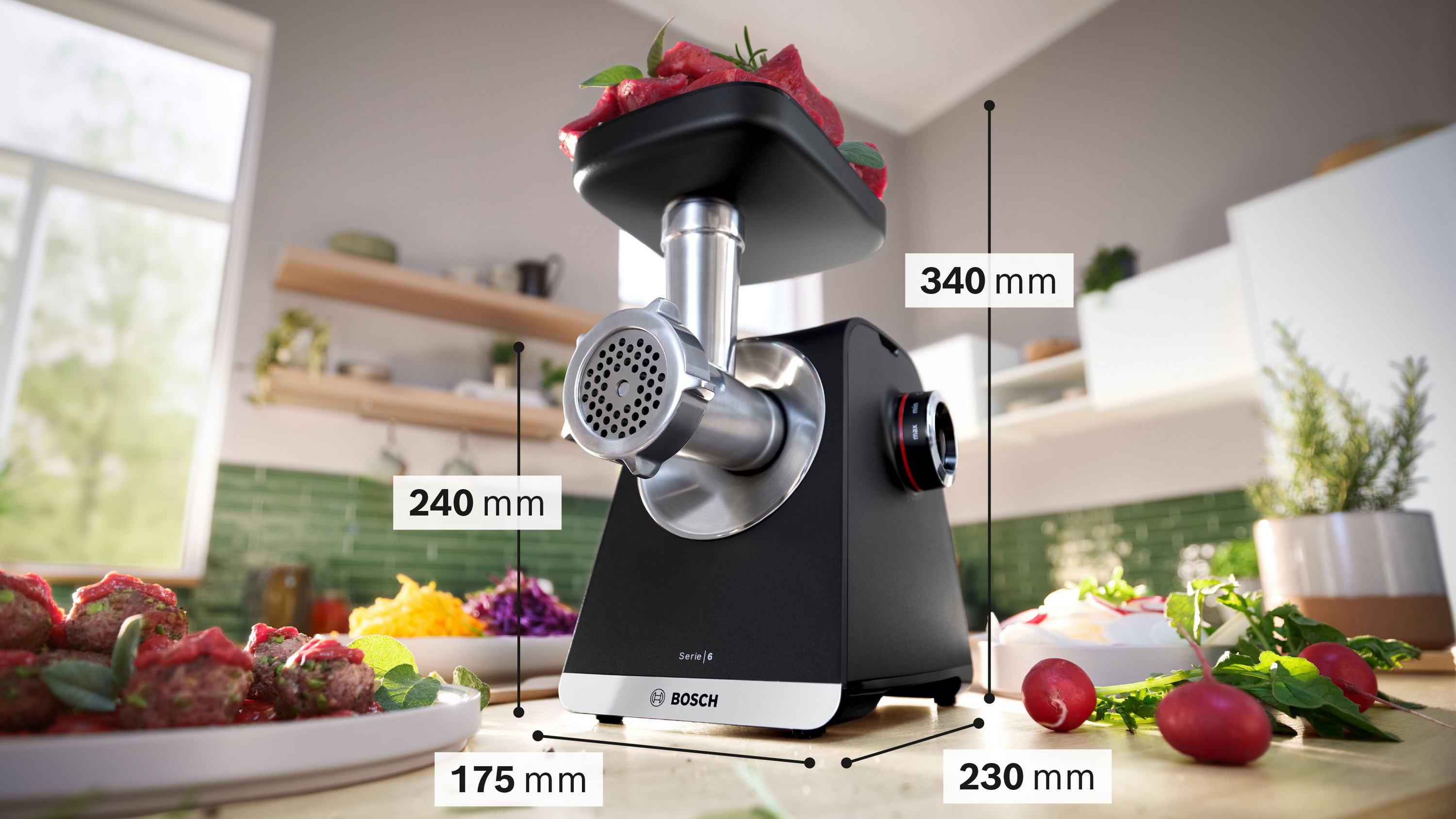 Series 6, Food mincer, MultiPower, 2100 W, Black, silver metalic, MFWS660B