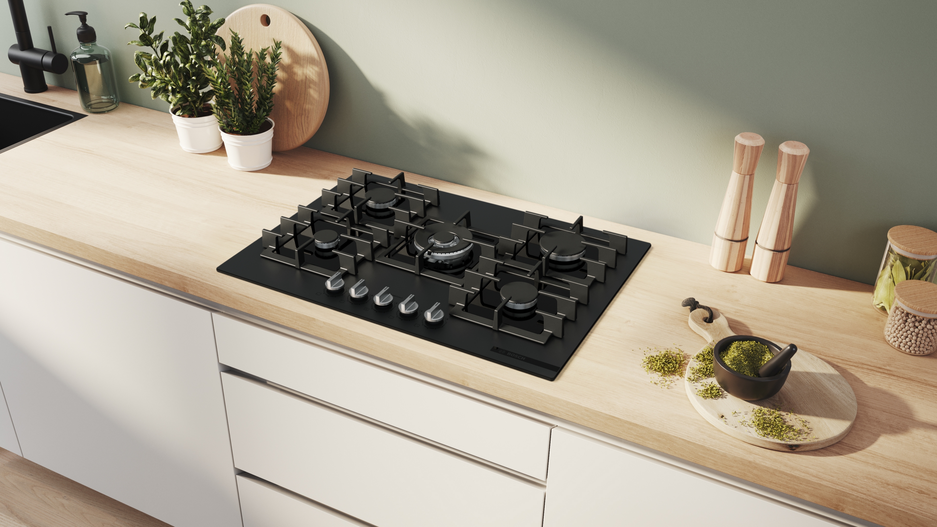 Series 6, Gas hob, 75 cm, Tempered glass, Matte black, PPQ7AAI40