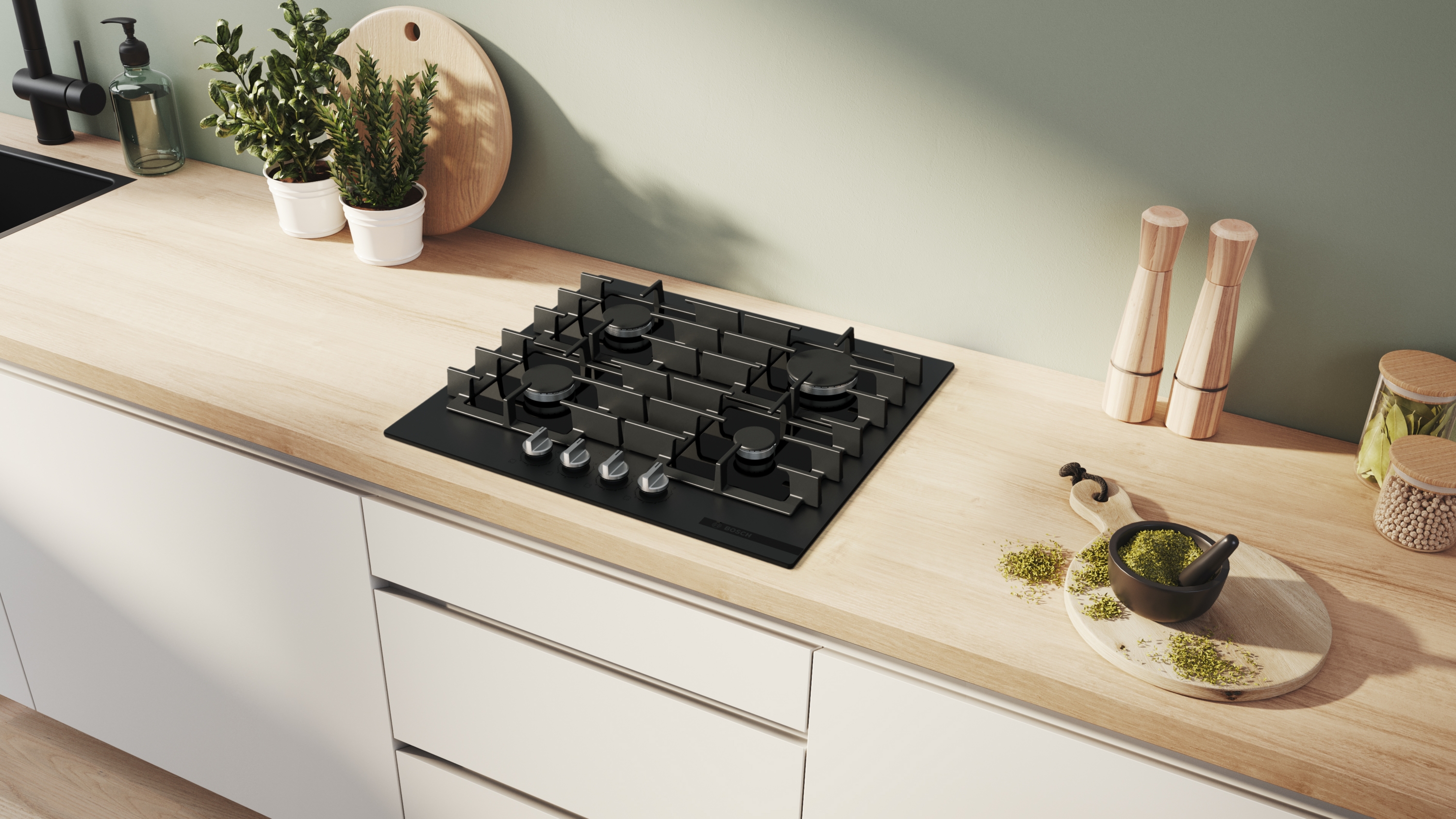 Series 6, Gas hob, 60 cm, Tempered glass, Matte black, PPP6AAI40
