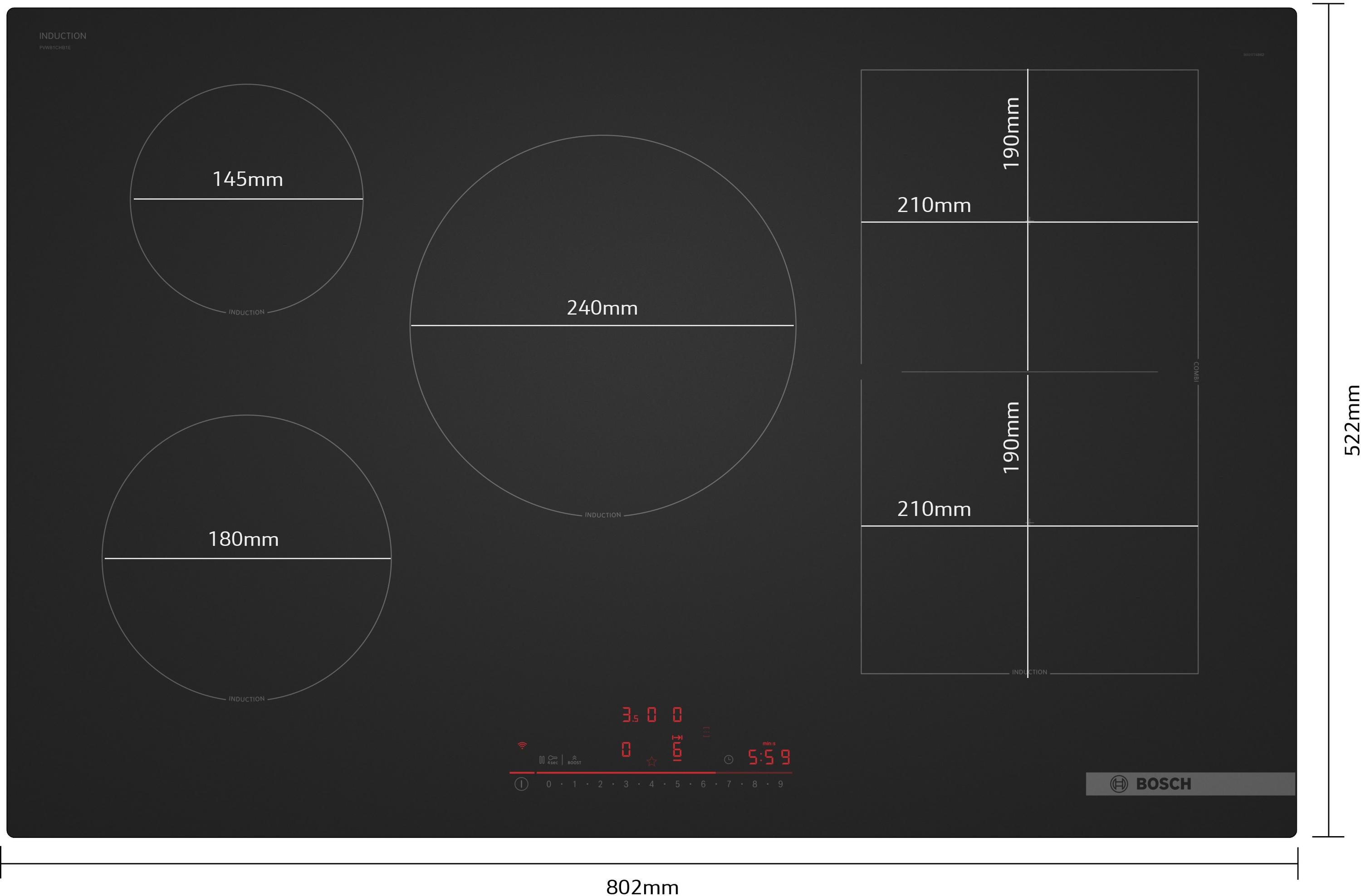 Series 6, Induction hob, 80 cm, Matt black, surface mount without frame, PVW81CHB1E