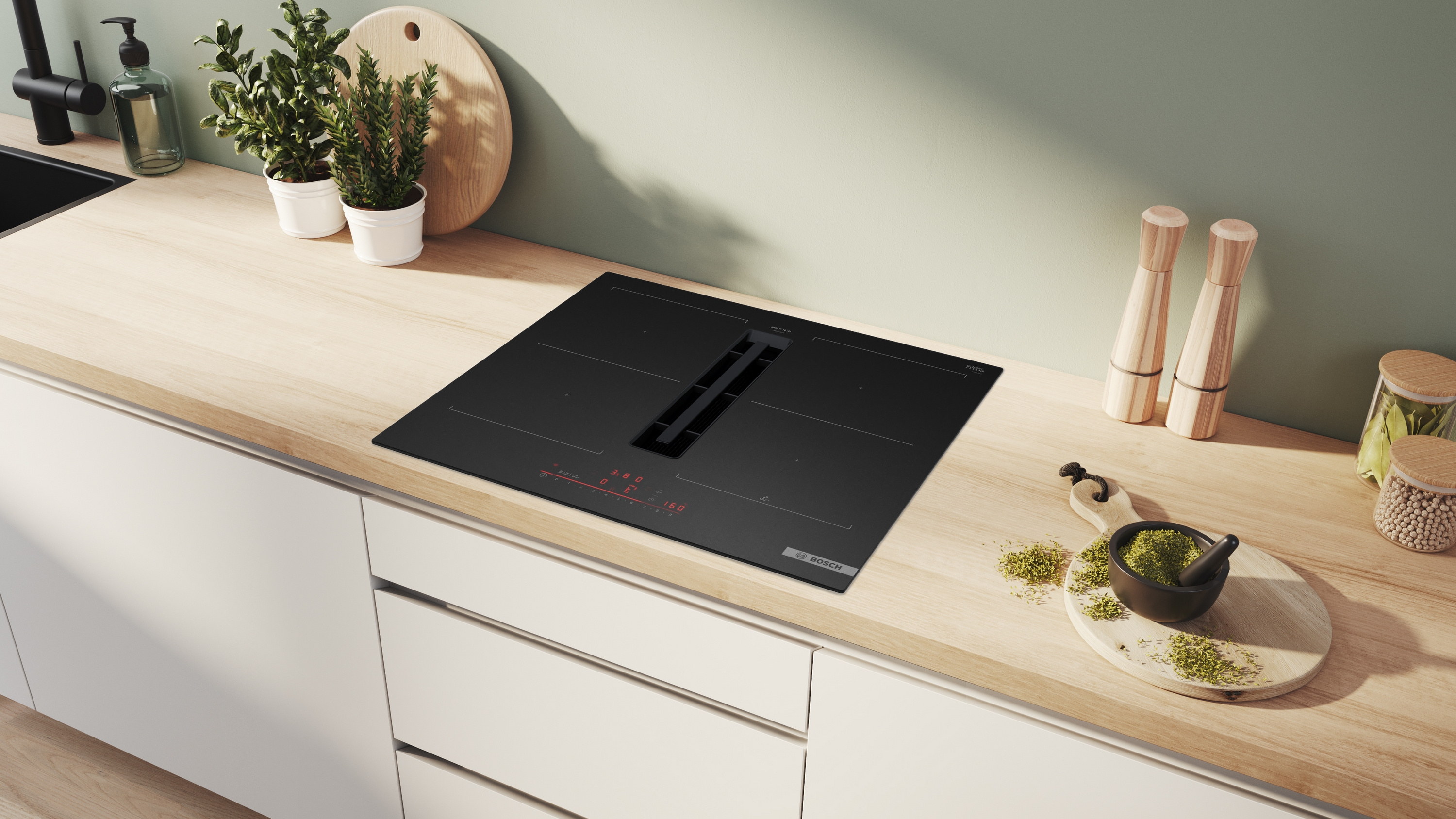 Series 6, Induction hob with integrated ventilation system, 60 cm, Matt black, surface mount without frame, PVQ61AH26E