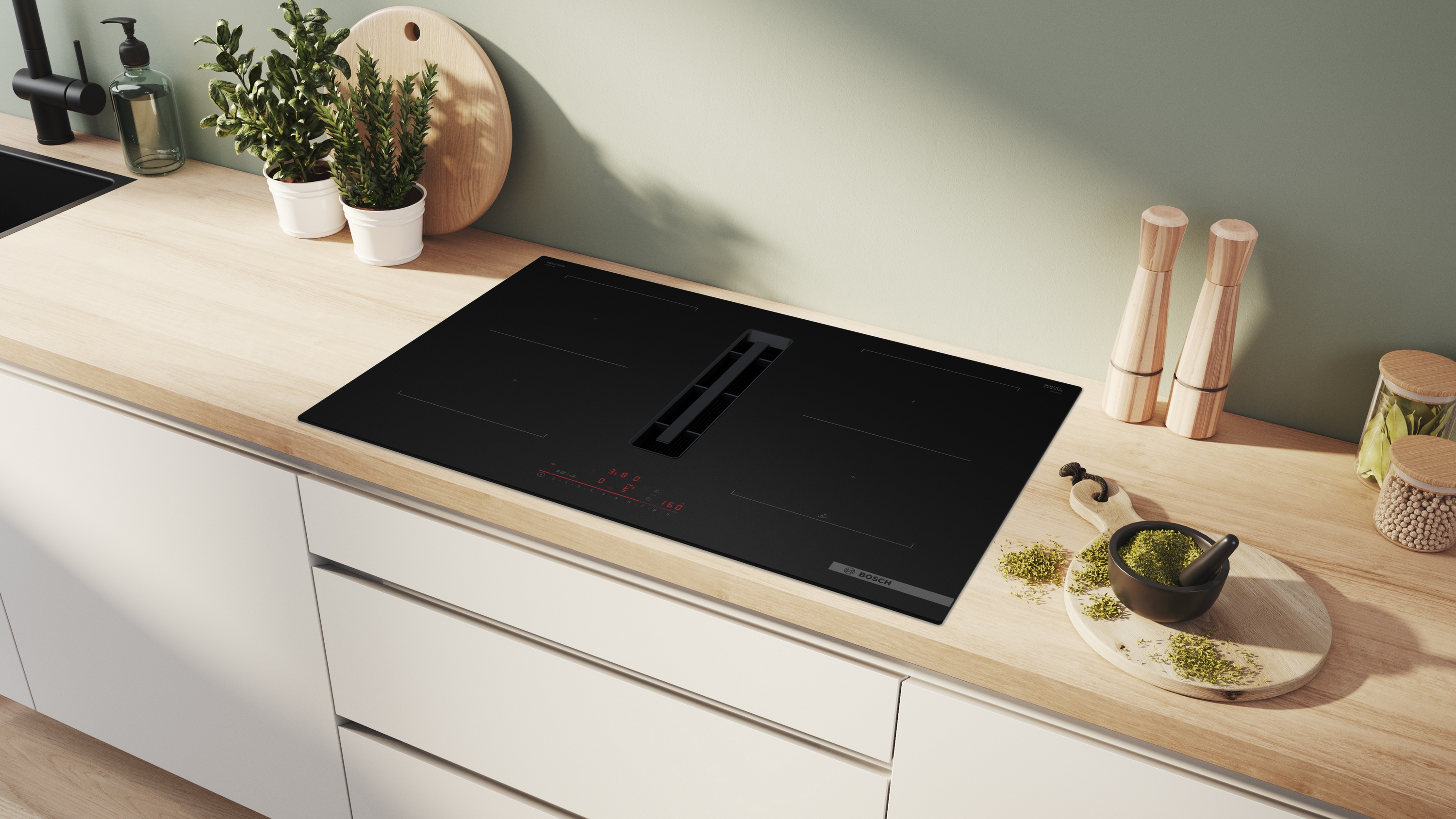 Series 6, Induction hob with integrated ventilation system, 80 cm, Matt black, surface mount without frame, PVQ81AH26E