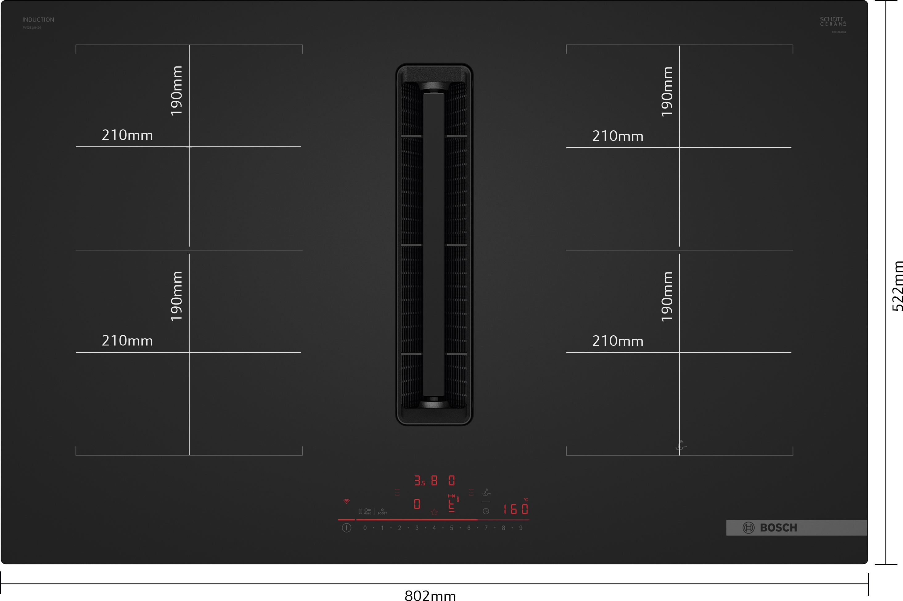 Series 6, Induction hob with integrated ventilation system, 80 cm, Matt black, surface mount without frame, PVQ81AH26E