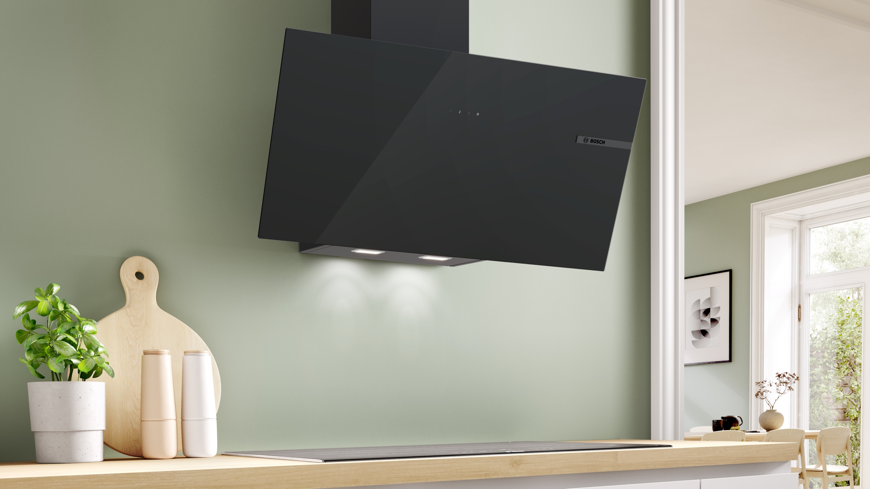 Series 4, wall-mounted cooker hood, 80 cm, clear glass black printed, Black, DWK85DF61