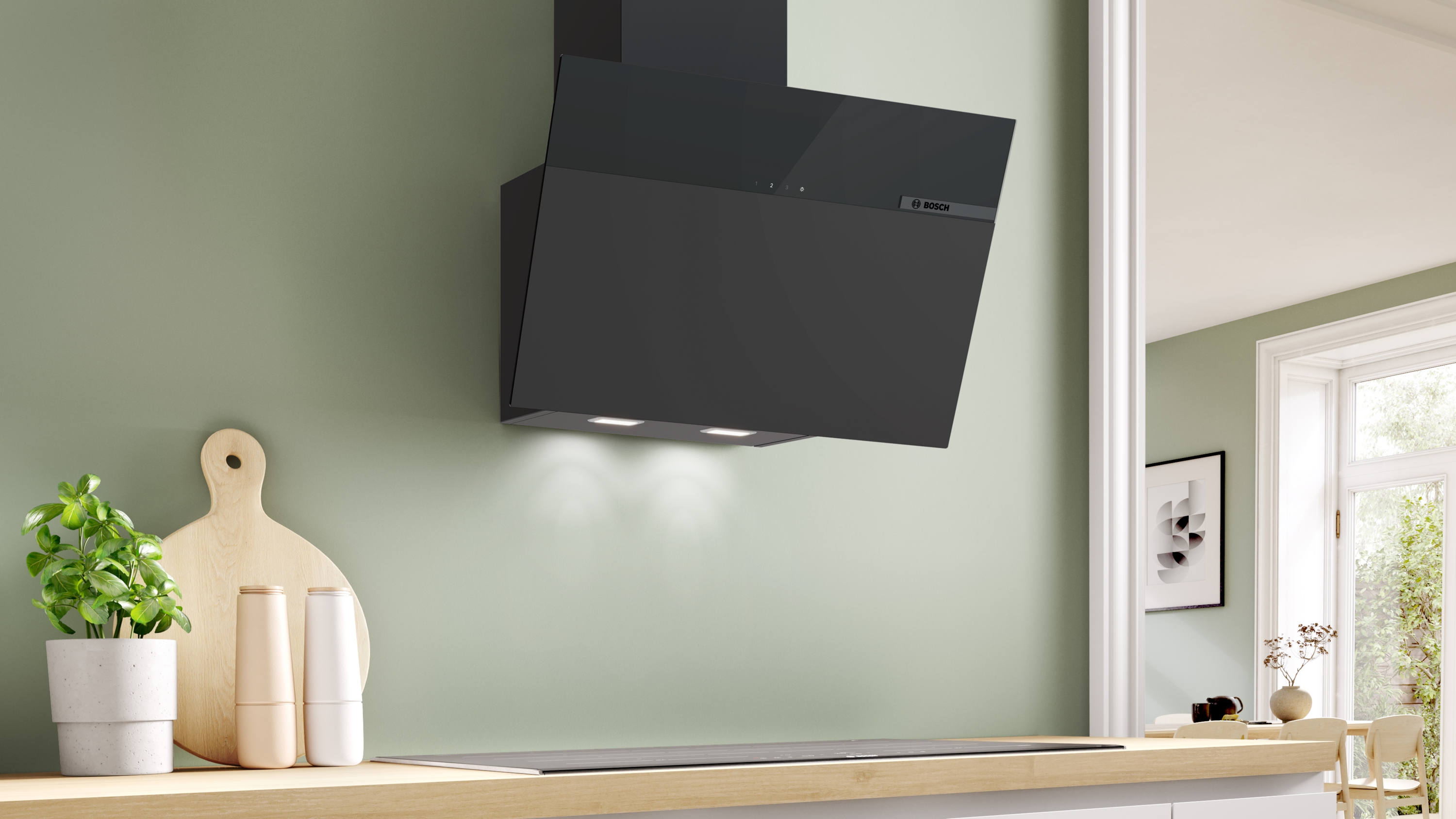 Series 4, wall-mounted cooker hood, 60 cm, Clear glass flat black printed, Matt black , DWK65DFA1