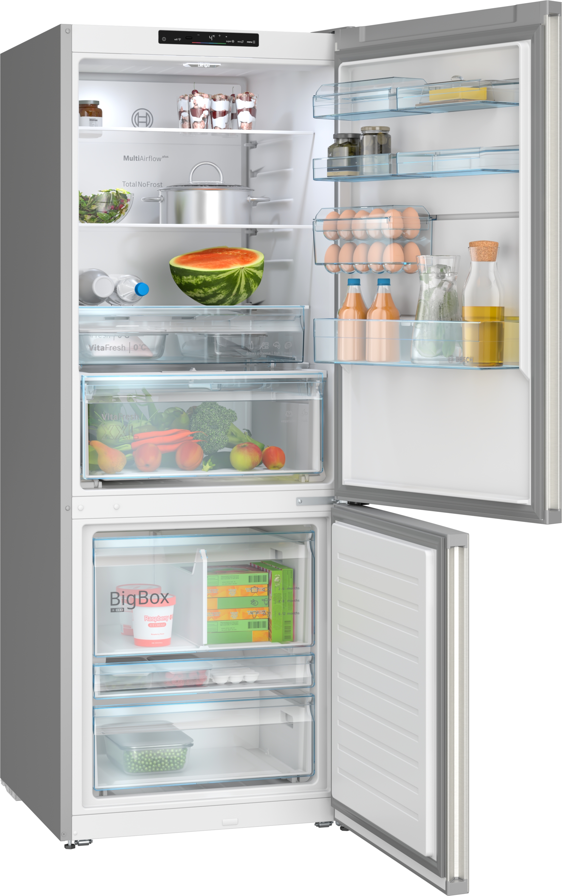 Series 4, free-standing fridge-freezer with freezer at bottom, 186.2 x 69.5 cm, Brushed steel (with anti-fingerprint), KGN56VPD0N
