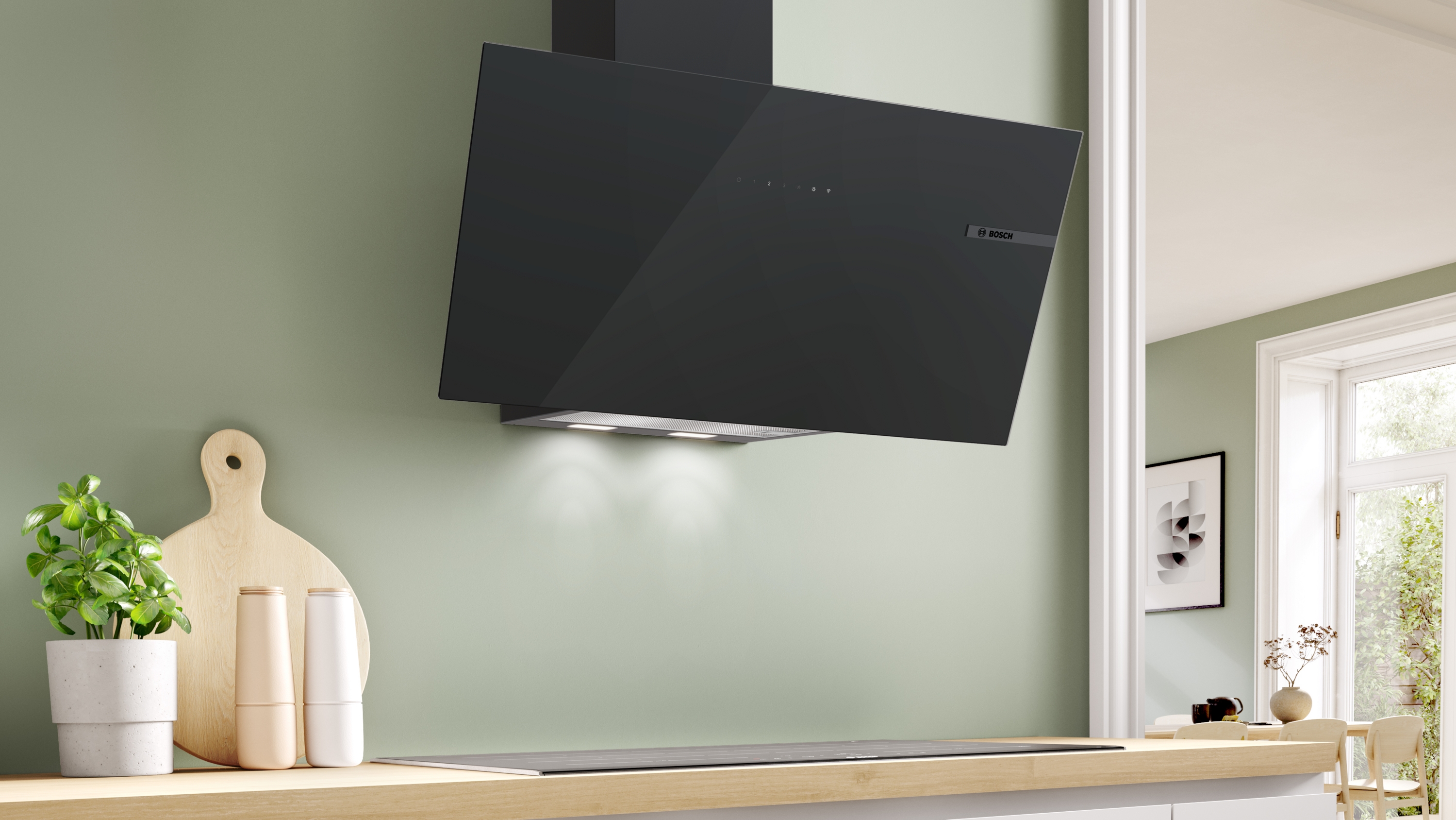 Series 6, wall-mounted cooker hood, 80 cm, clear glass black printed, Black, DWK87PN61