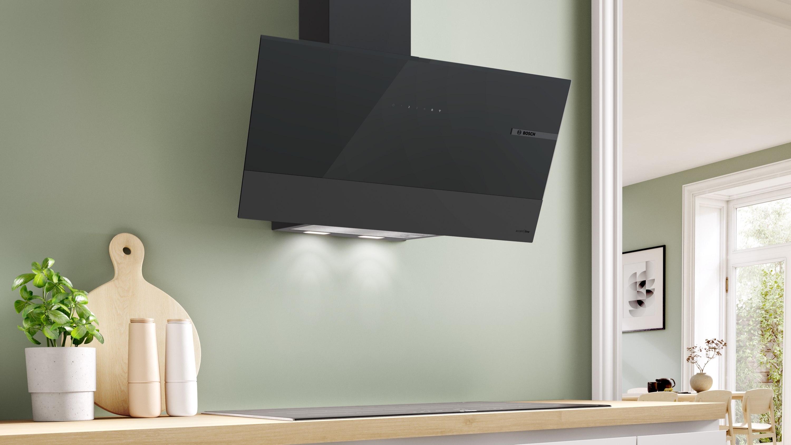 Series 6, wall-mounted cooker hood, 80 cm, clear glass black printed, Black, DWK87PN65