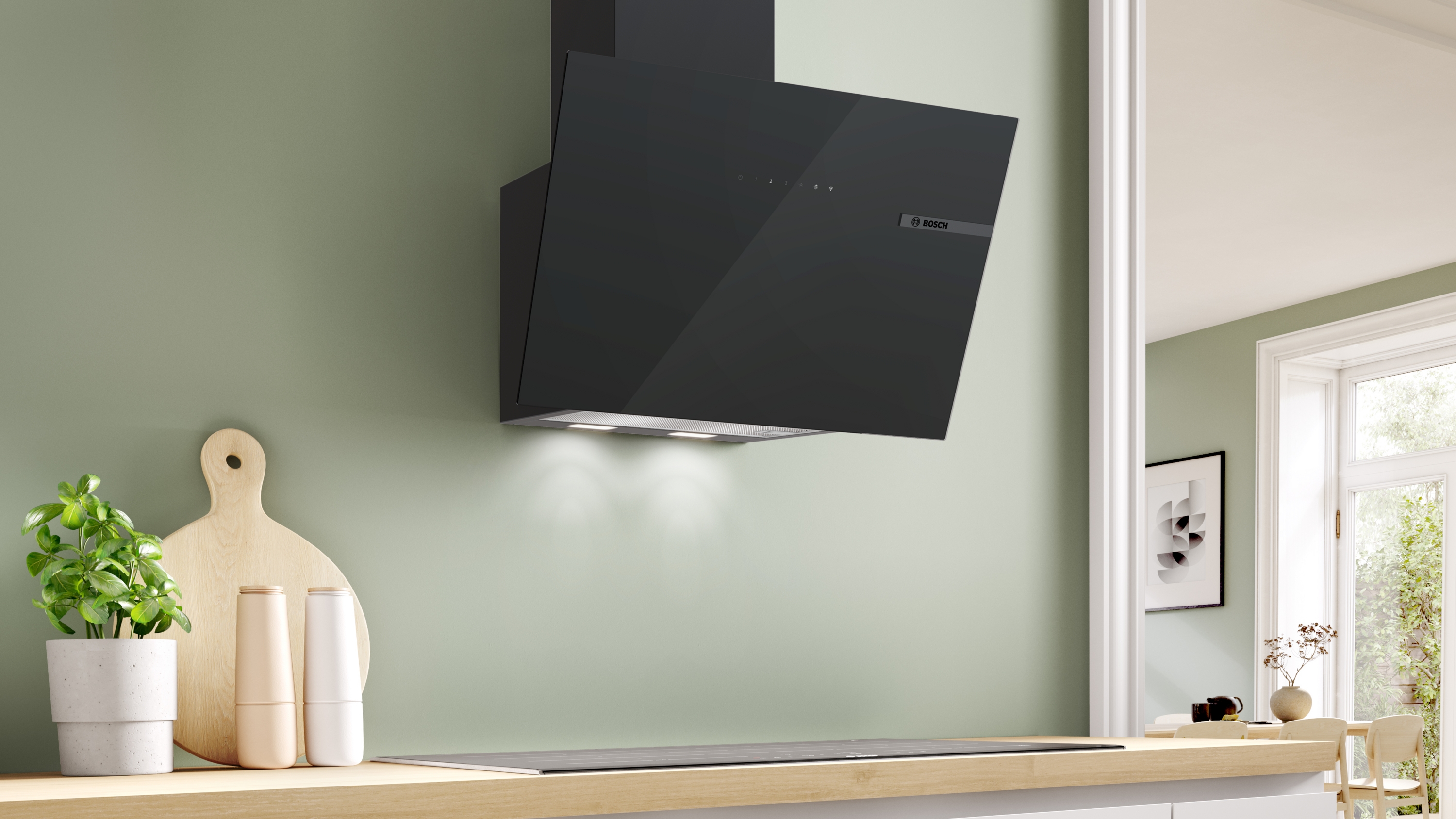 Series 6, wall-mounted cooker hood, 60 cm, clear glass black printed, Black, DWK67PN61
