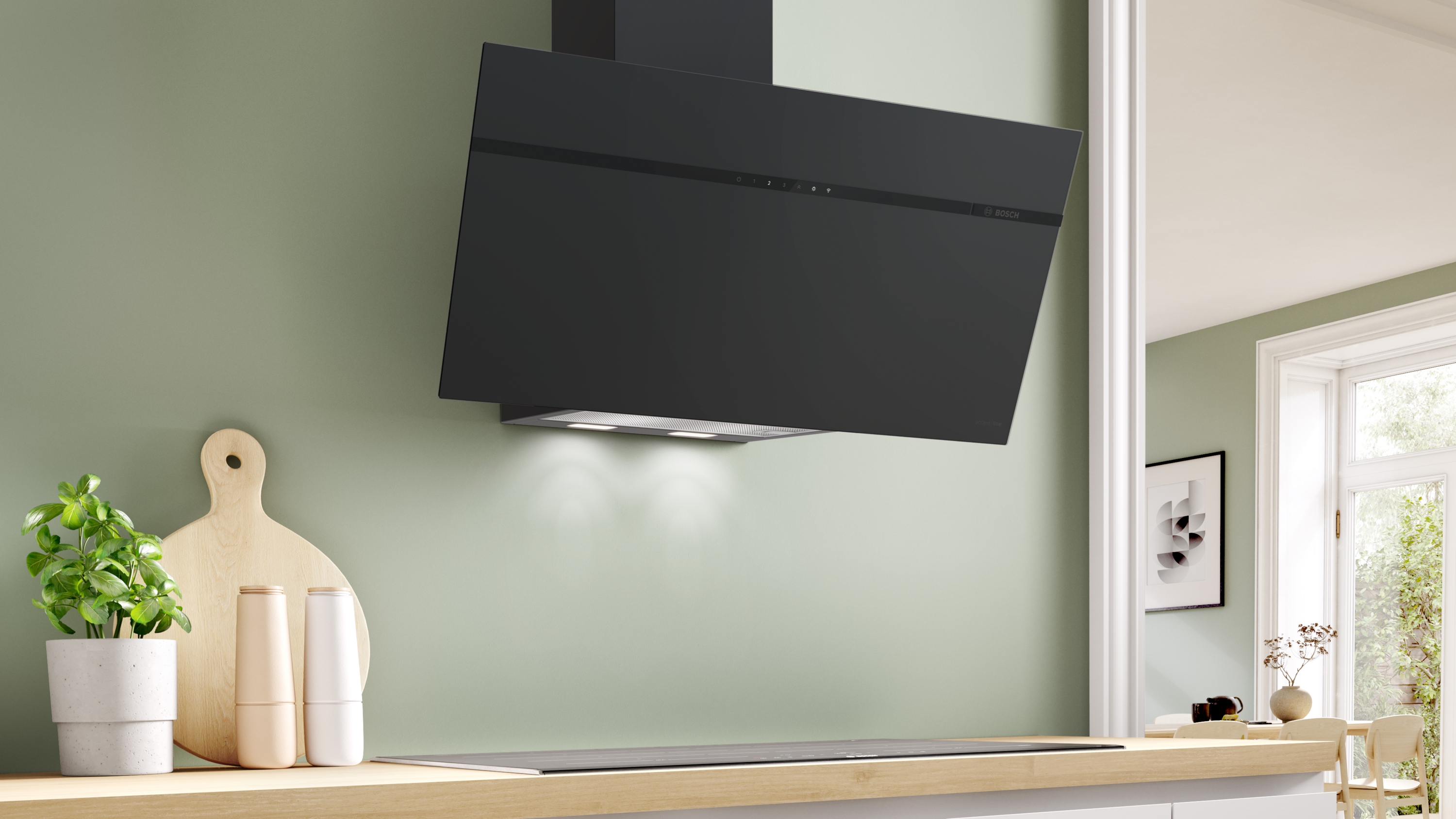 Series 6, wall-mounted cooker hood, 80 cm, Clear glass flat black printed, Matt black , DWK87PNB5