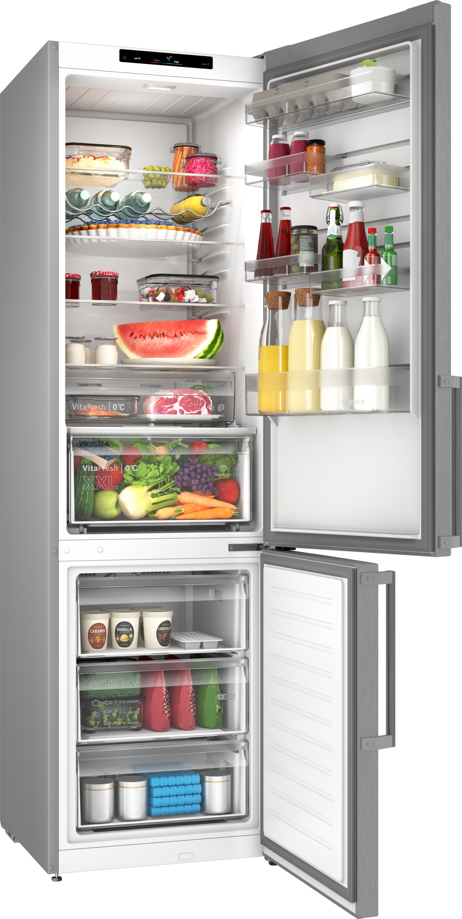 Series 4, free-standing fridge-freezer with freezer at bottom, 203.2 x 59.5 cm, Stainless steel look, KGN39VLCW